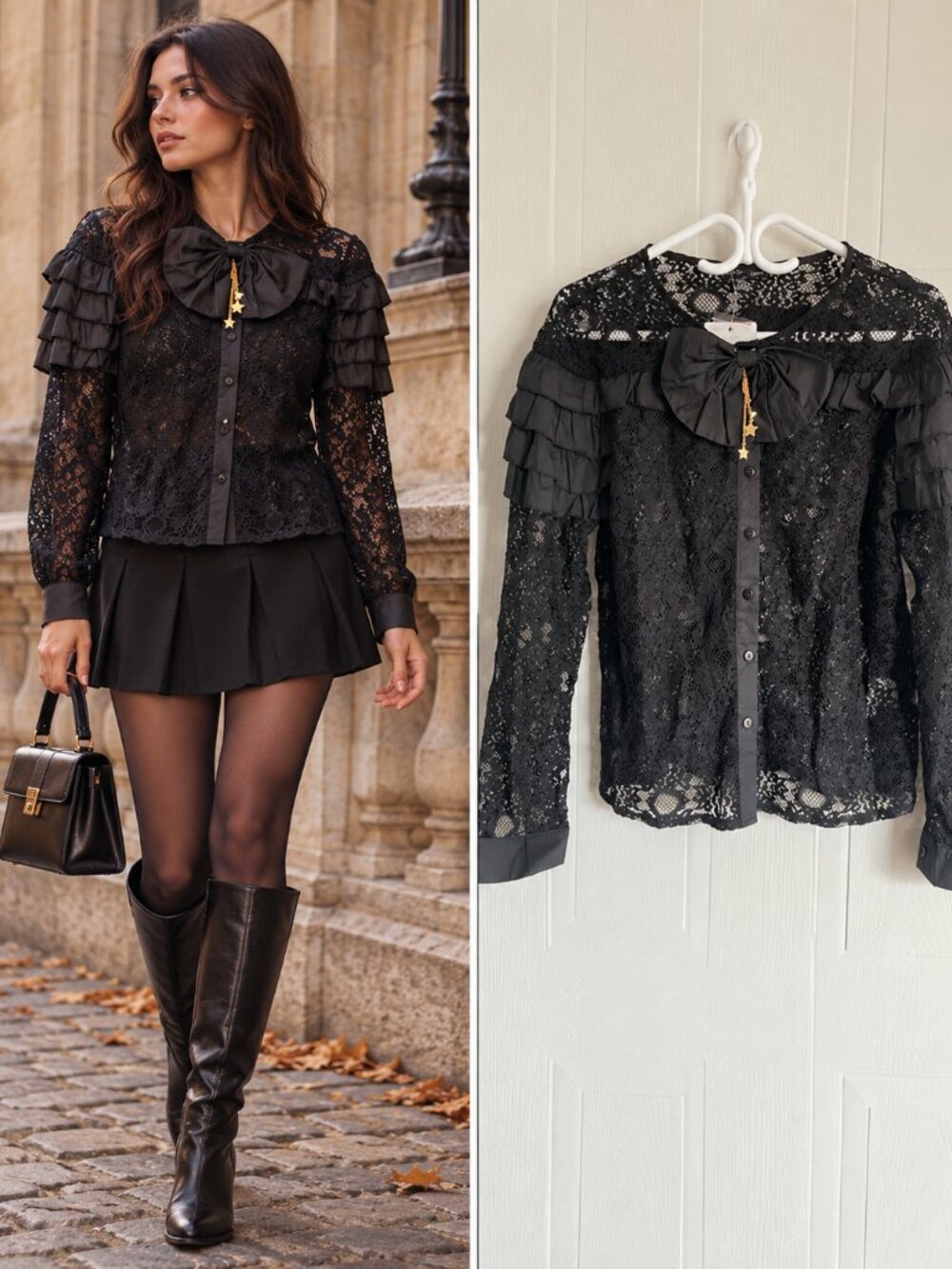 Sister Jane Black Floral Lace Bow Blouse Detachable Whimsigoth Coquette M